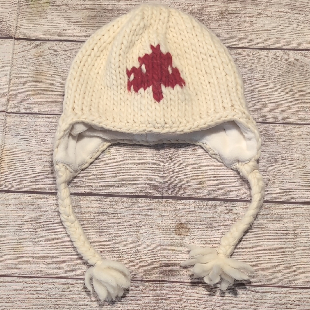 DeLux Toddler Girls Wool Felt Winter White Hat Red Maple Leaf Detail